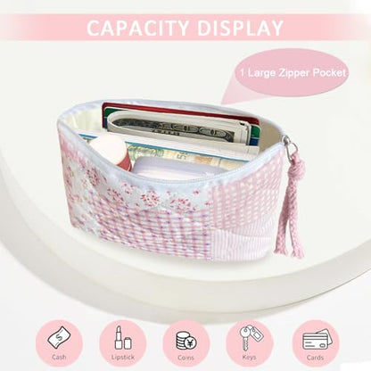 Cotton Quilted Floral Coin Purse Digital Camera Pouch with Cute Prints Zipper for Women Girls (PINK PATCH) - color: PINK PATCH