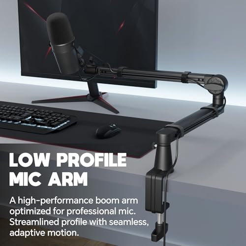 Low Profile Mic Arm, Microphone Boom Arm, Full Aluminum Adjustable Mic Stand with Desk Clamp, 360° Rotatable Heavy Duty Microphone Stand for Streaming, Podcasting, Recording