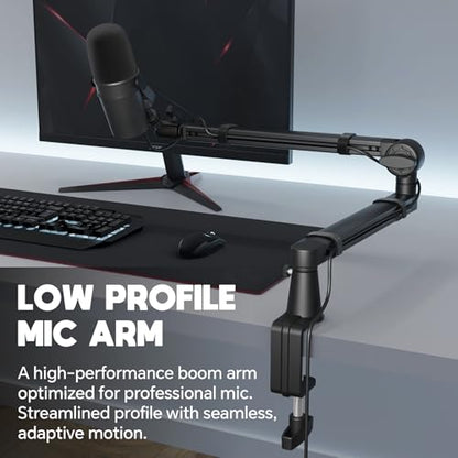 Low Profile Mic Arm, Microphone Boom Arm, Full Aluminum Adjustable Mic Stand with Desk Clamp, 360° Rotatable Heavy Duty Microphone Stand for Streaming, Podcasting, Recording