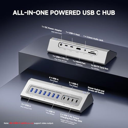 Giftos Powered USB Hub, 18 in 1 USB 3.2 Hub with 4K HDMI, PD 100W,45W Charge,10Gbps USB,SD/TF,Audio, 65W Adapter,3.3FT Cable,Aluminum,Smart Button, USB Hub for Mac, Mac mini, iMac,iPhone 17/16,iPad - size: 18 IN 1