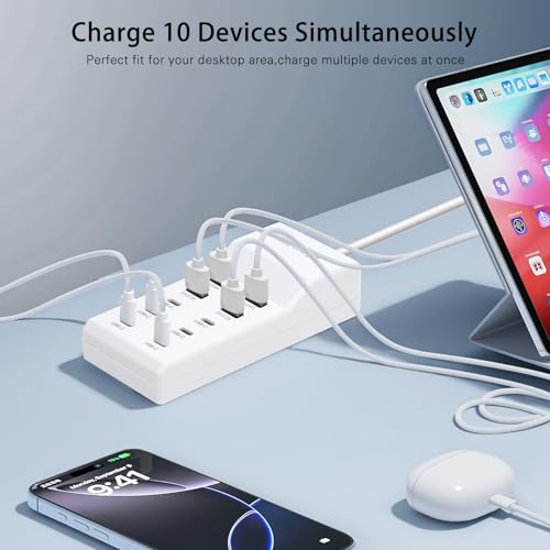 USB Fast Charger, 10-Port Portable Charging Station, Suitable for Various Devices, Compatible with iPhone, iPad, Samsung, Google, Xiaomi, Huawei and Other USB Charging Devices - color: White2