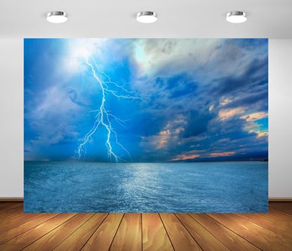 Lightning Strike Backdrop Fabric 12x10ft Dark Clouds Blue Sky Sea Ocean Thunder-Storm Background for Bad Weather Disaster Party Decorations Adults Halloween Themed Photoshoot Props - size: 12x10FT