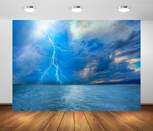 Lightning Strike Backdrop Fabric 15x10ft Dark Clouds Blue Sky Sea Ocean Thunder-Storm Background for Bad Weather Disaster Party Decorations Adults Halloween Themed Photoshoot Props - size: 15x10FT