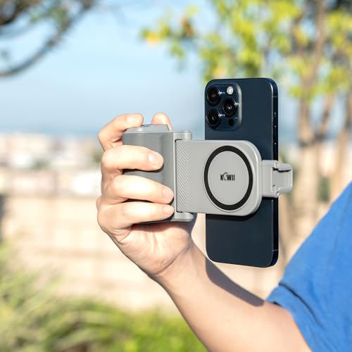 KIWIFOTOS Travel Phone Camera Grip Smartphones Camera Handle | for iPhone 17 16 Pro Max Galaxy S25 S24 Selfie Vlog Video Shooting, with Cold Shoe Mount, without Tripod, Bluetooth remote - color: Clip on Phone Camera Grip Gray