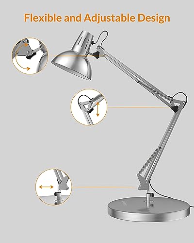 LEPOWER Metal Desk Lamp, Adjustable Goose Neck Architect Table Lamp with On/Off Switch, Swing Arm Desk Lamp with Clamp, Eye-Caring Reading Lamp for Bedroom, Study Room &Office (Silver) - color: Silver