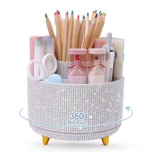SKYDUE 360 Degree Rotating Desk Organizer, Shining Dual-Purpose Rhinestone Pencil Pen Holder, Rotating Desk Pen Organizer with 5 Slots, Rhinestone Pencil Cup for Office, School, Home - color: Crystal White