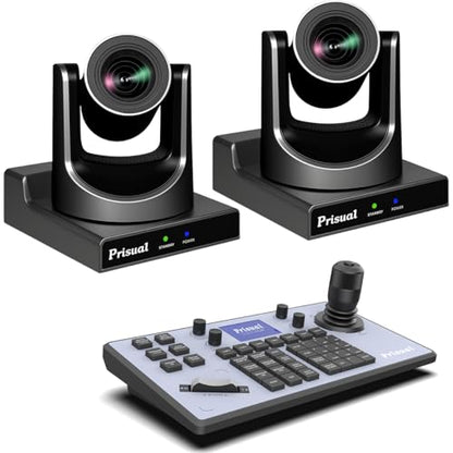 Prisual NDI PTZ Camera System Gen 5, NDI 6 & NDI HX3 Certified, 20X Optical Zoom, AI Auto Tracking, PoE HDMI SDI Bundle PTZ for Church Worship, PTZ Controller, (NDI PTZ Bundle TEM-20N PROx2+TEM-JOY1) - color: Steel Gray