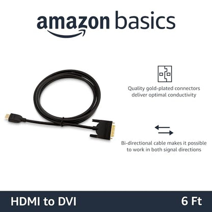 Amazon Basics HDMI to DVI Adapter Cable, Bi-Directional 1080P, Gold-Plated, 6 ft/1.8 m, Easy to Install, Black - size: 6 ft, style: 1-Pack