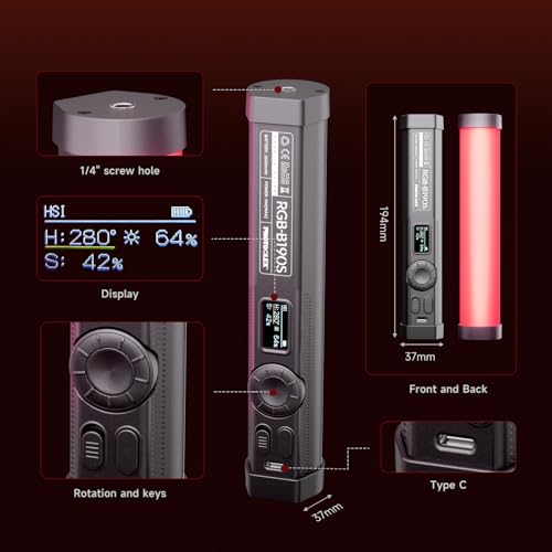 PHOTOOLEX RGB Tube Light, Mini LED Video Light Wand, Magnetic Light Stick | 190mm/2600mAh/Rechargeable/Handheld/2500-9900K/360° Full Color/CRI 96+, Photography Light Bar for TikTok YouTube