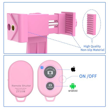 Universal Phone Tripod Mount Adapter with Ｗireless Camera Remote, Cell Phone Holder with Adjustable Clamp for Selfie Stick Monopod Compatible with iPhone, Samsung and so on -Pink - color: Pink
