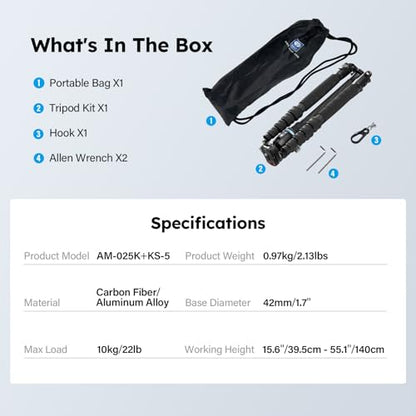 SIRUI Carbon Fiber Travel Tripod - Lightweight 55.1" Compact Tripod with 360° Panorama Ball Head, Quick Release Plate (AM-025K+KS-5) - size: AM-025K+KS-5 - 55.1 inches