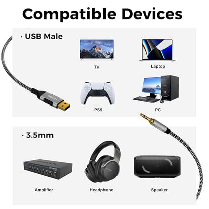 USB to 3.5mm Audio Cable 20 FT, USB A to 1/8’’ TRS Aux Jack Adapter, OFC, Nylon Braided, Gold-Plated Connector, for PC, Laptop, Speaker, PS5/4 Windows, Headphones, Not for Charging, MP3, PS3, Car, TV - size: 20FT