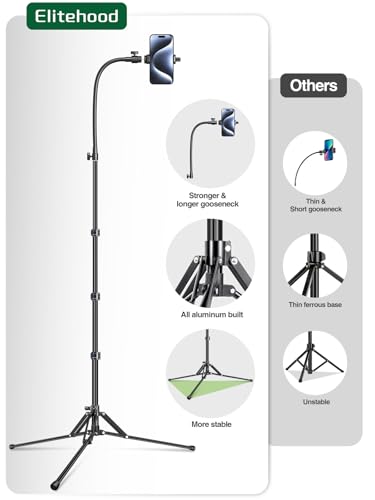 elitehood 6.8 Feet Tall Phone Stand Tripod, Aluminum iPhone Tripod [Lightweight & Ultra Stable], Adjustable Phone Recording Stand Compatible with iPhone 15 Pro Max/15 Pro/14 13, Android Cell Phone - style: Lightweight Tripod