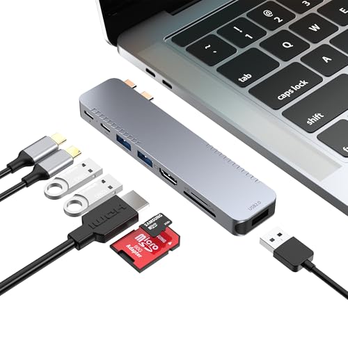 USB C Hub Adapter for MacBook Pro/Air Docking Station 8-in-2 for Mac Book Accessories Dongle HDMI 4K@30Hz, Thunderbolt 4/3, USB 3.0, SD/TF Card Reader, USBC Dock Multiport Adapter (Not Work with Neo) - color: Silvery