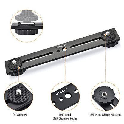 UTEBIT 8 inch Flash Bracket, with 1/4" Screw Hot Shoe, 1 Pack | Dual Camera Mount Flash Bracket Extension Bar, Straight Flash Brackets Tripod Mount for DSLR Camera LED Light, Black - size: 8 Inch