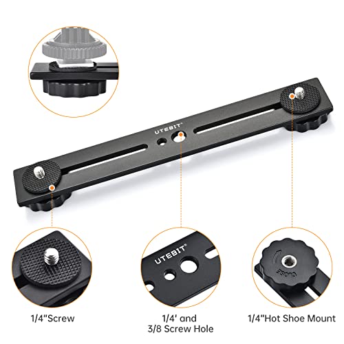 UTEBIT 8 inch Flash Bracket, with 1/4" Screw Hot Shoe, 1 Pack | Dual Camera Mount Flash Bracket Extension Bar, Straight Flash Brackets Tripod Mount for DSLR Camera LED Light, Black - size: 8 Inch