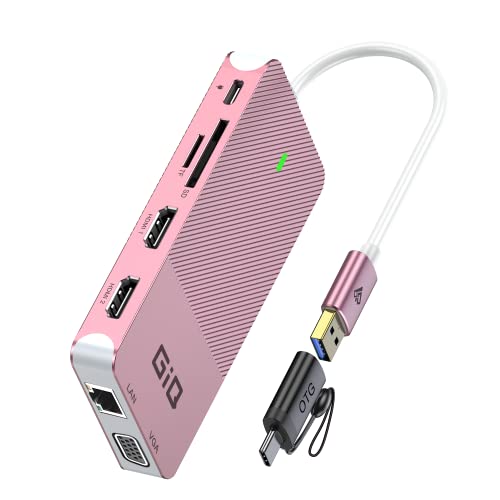 USB Docking Station GIQ USB C HUB USB 3.0 to Dual HDMI VGA Adapter Triple Display USB C Laptop Docking Station Dual Monitor HDMI Splitter Extender Compatible with MacBook M1 M2 M3 M4 M5 USB Dock - color: Pink