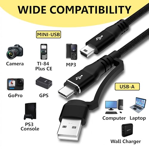 2 in 1 Mini USB Cable 6FT, USB C/A to Mini USB Cable Charging Cord for GoPro Hero 3+, PS3 Controller, MP3 Player, Dash Cam, Digital Camera, GPS Receiver, PDAs, TI-84+ CE, Snowball iCE Mic and More - size: 6FT