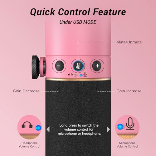 TONOR Dynamic Podcast Microphone, XLR/USB Mic for Recording, Streaming, XLR Cardioid Studio Mic with Quick Mute, 3.5mm Jack, Volume Control, 200 cm/78inch Cable, with Boom Arm, Pink, TD510+