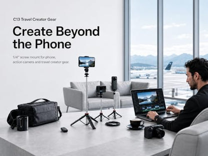 Travel Creator Tripod for iPhone with 1/4 Mount | 52 inch travel creator tripod with remote, 1/4 mount and stable umbrella base for vlogging and action cameras