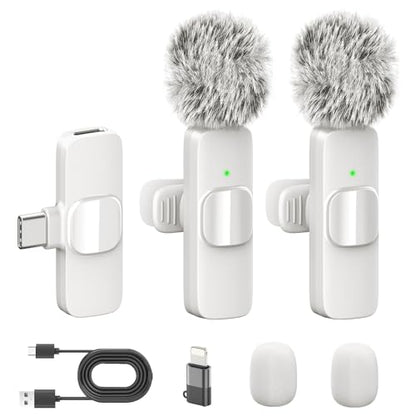 White Wireless Lavalier Microphone for iPhone & Android - Mini Clip-On Mic with Noise Cancellation 2 Pack Lapel Mic Plug and Play Wireless Mic for Video Recording Interview Podcast Vlog YouTube