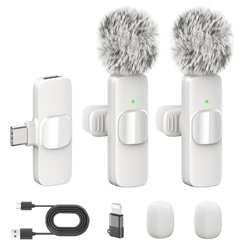 White Wireless Lavalier Microphone for iPhone & Android - Mini Clip-On Mic with Noise Cancellation 2 Pack Lapel Mic Plug and Play Wireless Mic for Video Recording Interview Podcast Vlog YouTube