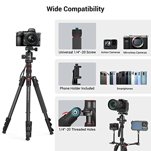 SmallRig Camera Tripod, 71" Foldable Aluminum Tripod/Monopod, 360°Ball Head Detachable, Payload 33lb, Adjustable Height from 16" to 71" for Camera, Phone - style: 71"