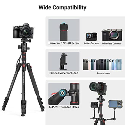 SmallRig Camera Tripod, 71" Foldable Aluminum Tripod/Monopod, 360°Ball Head Detachable, Payload 33lb, Adjustable Height from 16" to 71" for Camera, Phone - style: 71"
