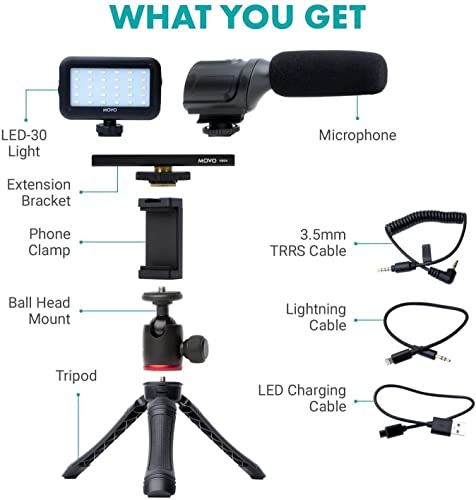 Movo iVlogger- iPhone Android USB Type-C Compatible Vlogging Kit Smartphone Video Kit Accessories: Phone Tripod, Phone Mount, LED Light and Cellphone Shotgun Microphone for YouTube, Vlog