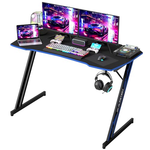 BestOffice Gaming Desk Z Shaped 47 inch PC Computer Desk Computer Workstation Ergonomic Gaming Table with Headphone Hook for Game Players, Black&Blue - color: Black&blue, size: 47 Inch Z Shaped