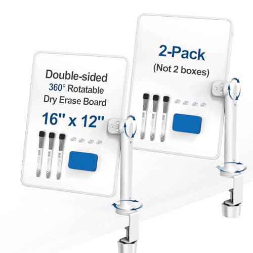 Double-Sided Desk Whiteboard with Dual 360 Swivel - 16" x 12" Clamp-On Desktop Whiteboard for Tables Under 2.3" Thick for Office, Home, School (2pc)