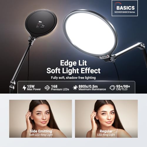 NEEWER Basics 2 Pack 10.5" Streaming Key Lighting, 3000-6500K 15W Full Screen LED Panel Ring Light with Adjustable Arm Stand Desk Clamp Timer for Laptop Computer Video Conference Zoom Makeup, R10