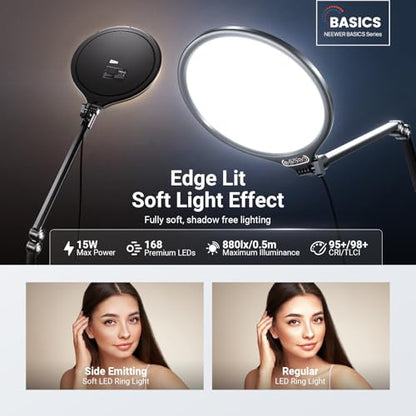 NEEWER Basics 2 Pack 10.5" Streaming Key Lighting, 3000-6500K 15W Full Screen LED Panel Ring Light with Adjustable Arm Stand Desk Clamp Timer for Laptop Computer Video Conference Zoom Makeup, R10