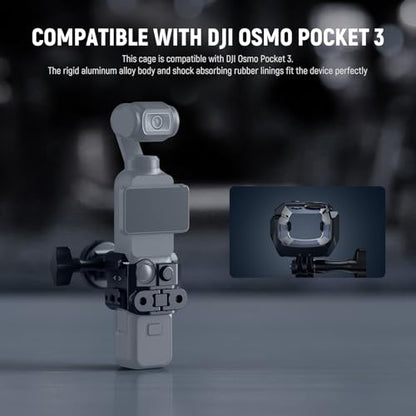 NEEWER Pocket 3 Cage, Aluminum Alloy Gimbal Video Recording Rig with Action Camera Extension Adapter 1/4" Threads Cold Shoe Compatible with DJI Osmo Pocket 3 Creator Combo, No Assembly Needed, AC009