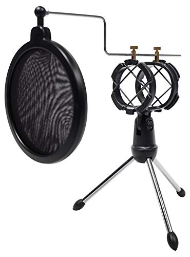 Rockville RTMS21 Desktop Tripod Microphone Stand, Adjustable Shock Mount, Double Nylon Pop Filter, Durable Lightweight Design, for Twitch Streaming and Podcasting