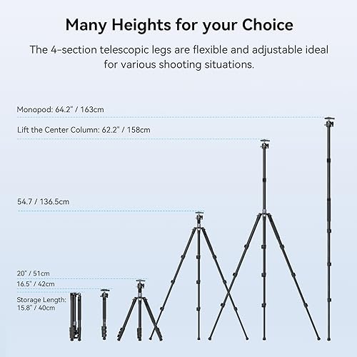 SmallRig AP-20 Carbon Fiber Tripod, 62.2" Camera Tripod Monopod with Center Column, Compact Lightweight Tripods with 360° Ball Head, Payload 26.5 lbs, Quick Release Plate, for DSLR Camera - 4059 - style: 62.2"