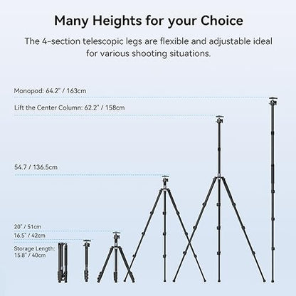 SmallRig AP-20 Carbon Fiber Tripod, 62.2" Camera Tripod Monopod with Center Column, Compact Lightweight Tripods with 360° Ball Head, Payload 26.5 lbs, Quick Release Plate, for DSLR Camera - 4059 - style: 62.2"
