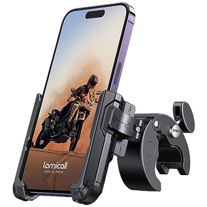 Lamicall Motorcycle Phone Mount Holder - [Camera Friendly] [1s Lock] Bike Phone Holder Handlebar Clamp, Bicycle Scooter Phone Clip, Gifts for iPhone 17, 16, 15 Pro Max, Galaxy S25 Ultra, 4.7-7" Phones - color: Black