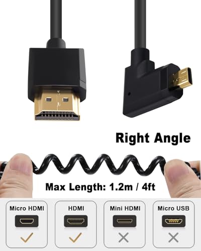 Duttek Extreme Slim Micro HDMI to HDMI Coiled Cable, Right Angled HDMI to Micro HDMI Cable 4K@60Hz 18Gpbs for Camera Monitors, Capture Cards + More,1080P, 4K@60Hz, HD, 3D 1FT-4FT - size: Right Angled 1.2M