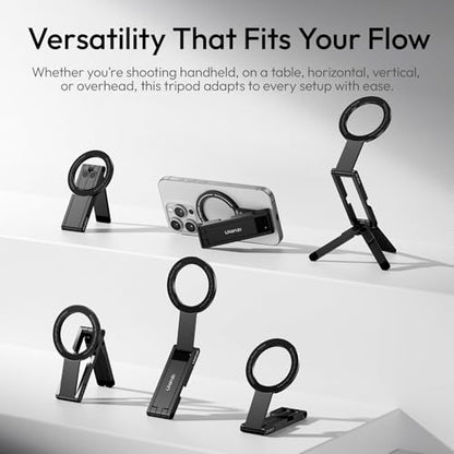 ULANZI MA60 Magnetic Phone Tripod Stand for iPhone 17 16 15 14 13 12 - Ultra Thin 0.8cm Foldable Aluminum Mini Tripod, Strong N52 Magnet Quick Mount, Pocket Cell Phone Stand, Black - color: BLACK