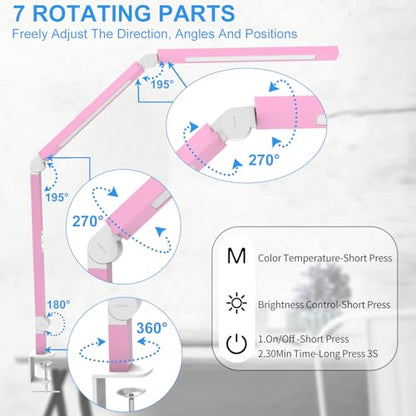 Micomlan Architect Desk Lamp with Clamp, Led Desk Lamp with Dual Light Bars and Adjustable Swing Arm, Clip-on Stepless Dimming Table Light Computer Lighting for Home Office Sewing Painting Hobby - color: Pink+Touch