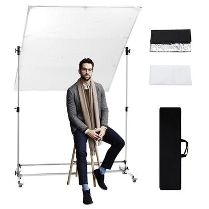 WELLMAKING 79x59 inch Professional Photography Light Diffuser Screen - 360° Rotatable Frame, Quick Setup, Adjustable Stand with Casters for Studio Portrait Video Shooting, White, Silver, Black