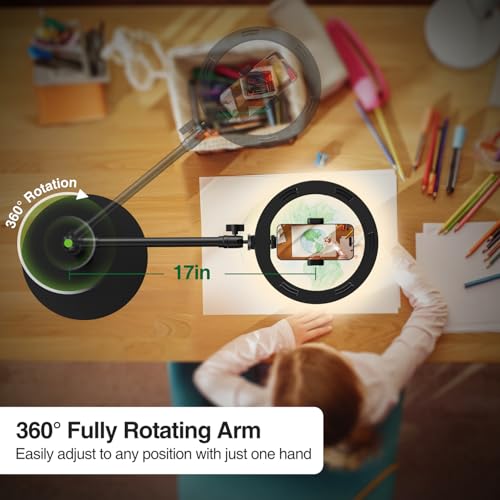 elitehood Overhead Phone Mount with Light for Video Recording, Adjustable Desk Ring Light with Stand and Phone Holder, Heavy Duty Overhead Camera Mount Tripod for iPhone Cooking Video, Filming Meeting - style: Desk Stand with Light
