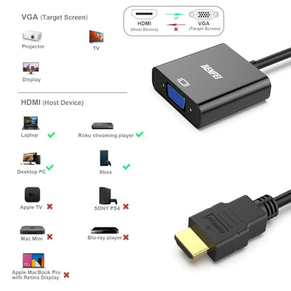 BENFEI HDMI to VGA, Gold-Plated Adapter (Male to Female) for Computer, Desktop, Laptop, PC, Monitor, Projector, HDTV, Chromebook, Raspberry Pi, Roku, Xbox and More - Black - style: 1 Pack