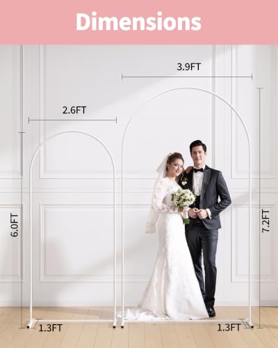 Pureegg Metal Arch Backdrop Stand Set - Set of 2 (7.2ft/6.0ft), White Wedding Stand with Stable Base, Elegant Backdrop Cover for Party, Birthday, Baby Shower, Graduation, Easy to Assemble - color: White, size: 7.2FT, 6.0FT