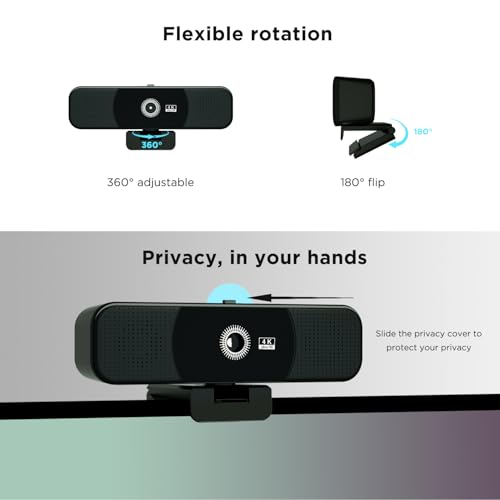 4K Webcam with Microphone and Speaker, Webcam for PC with Cover,4 Array Mics, 2 Speakers, Auto Low Light Correction, USB Camera for Online Conference/Class