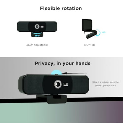 4K Webcam with Microphone and Speaker, Webcam for PC with Cover,4 Array Mics, 2 Speakers, Auto Low Light Correction, USB Camera for Online Conference/Class