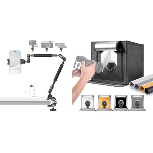 NEEWER UA057 22" Magic Arm w Clamp, Overhead Desk Camera Phone Mount Articulating Arm, 1/4" 3/8" Threads for ARRI Compatible with iPhone DSLR Action Camera Light, LP40 Photo Studio Light Box Included