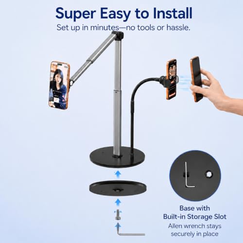 Heavy Duty Aluminum Overhead Phone Stand for Recording, Adjustable iPhone Tripod for Overhead Shots, Sturdy Stand for Cooking, Filming, Painting, with Extension Rods & Clip – Perfect for Creators(Mix) - style: Mix