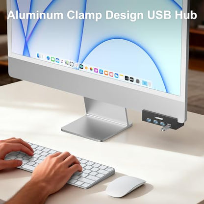 USB Hub 3.0, JESWO Clamp USB Hub with Extra Power Supply Port, Aluminum 4-Port USB 3.0 Extender Hub with 4.92ft Cable for Monitors, Desks, PC, Laptop, XPS, USB-Flash Drives, etc.